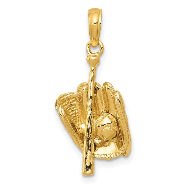 14K Polished 3-D Glove/Bat/Baseball Pendant, 23 x 11mm