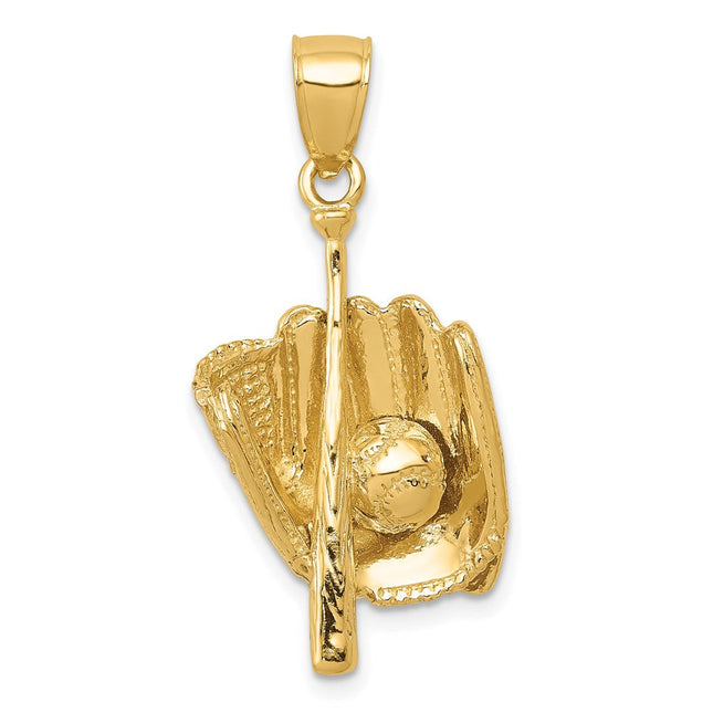 14K Polished 3-D Glove/Bat/Baseball Pendant, 28 x 13mm