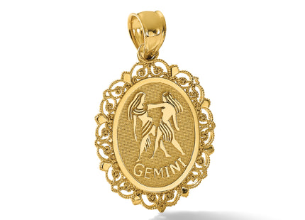 14k Solid Satin Polished Gemini Zodiac Oval Pendant