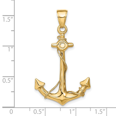 14K 3-D Anchor with Rope Pendant, 39 x 24mm