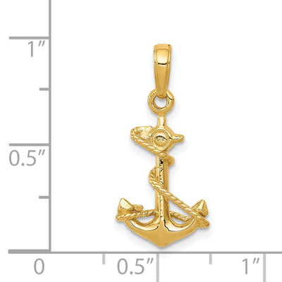 14K 3-D Anchor with Rope Pendant, 22 x 11mm