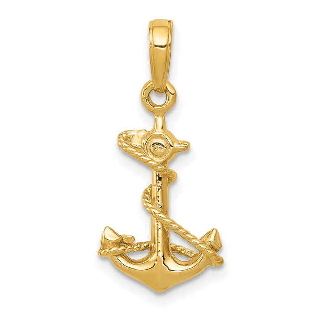 14k 3-D Anchor with Rope Pendant, 22 x 11mm