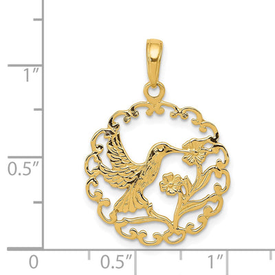 14K Hummingbird in Round Frame Pendant, 27 x 20mm