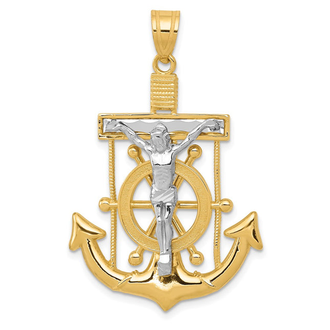 14k Two-tone Diamond-cut Mariner's Cross Pendant, 43 x 27mm
