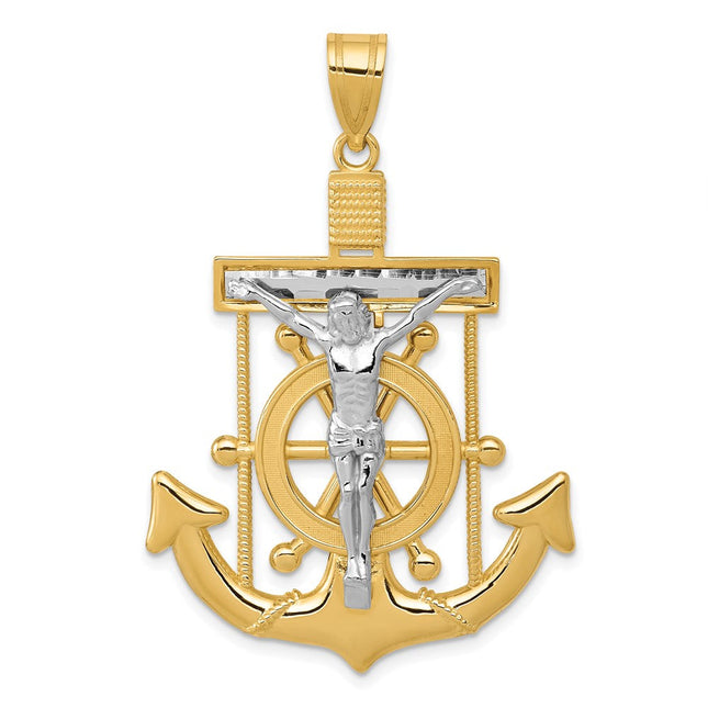 14k Two-tone Diamond-cut Mariner's Cross Pendant, 51 x 34mm