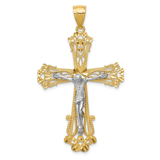 14k Two-tone Diamond Cut Crucifix Pendant, 51 x 31mm