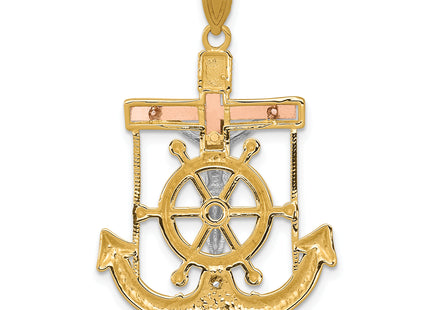 14k Tri-color Diamond-cut w/Textured Mariner's Cross Pendant, 35 x 22mm