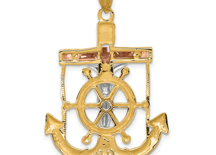 14k Tri-color Diamond-cut w/Textured Mariner's Cross Pendant, 44 x 28mm