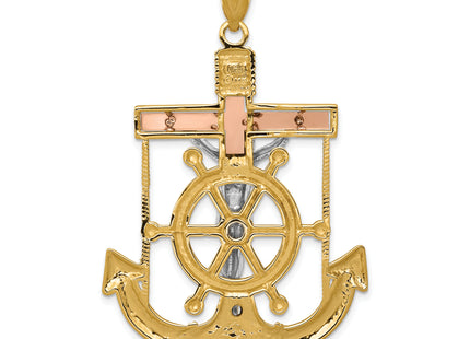 14k Tri-color Diamond-cut w/Textured Mariner's Cross Pendant, 54 x 36mm