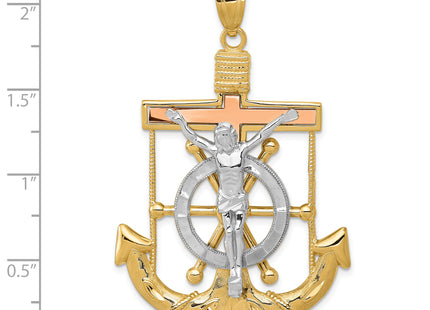 14k Tri-color Diamond-cut w/Textured Mariner's Cross Pendant, 54 x 36mm