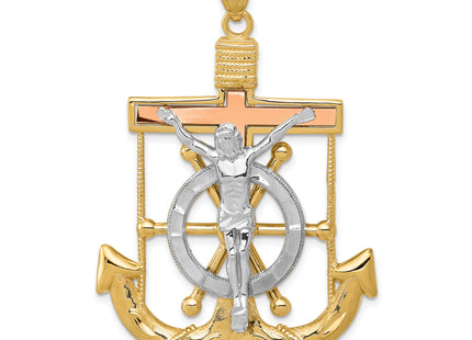 14k Tri-color Diamond-cut w/Textured Mariner's Cross Pendant, 54 x 36mm
