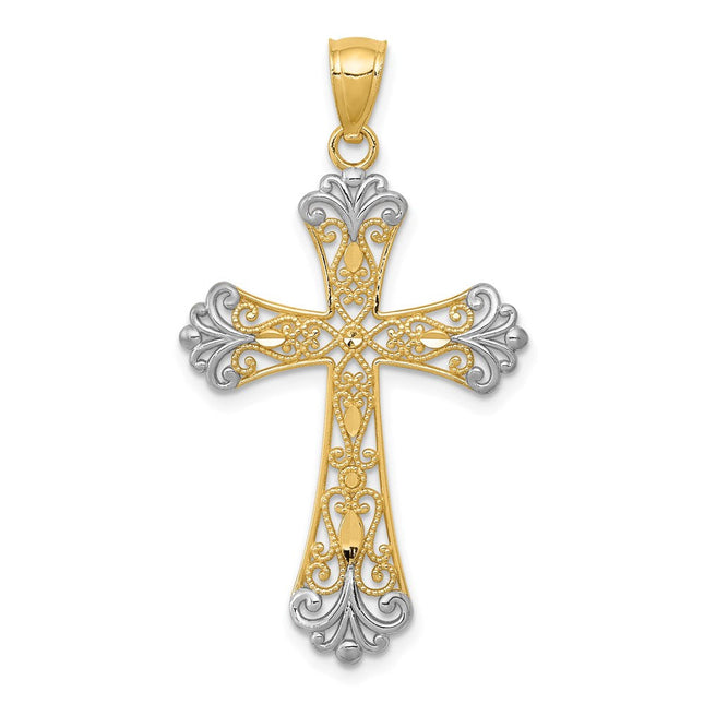 14K w/Rhodium Diamond-Cut Cross Pendant, 38 x 21mm