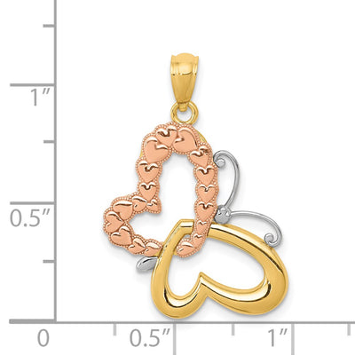 14K Two-tone Gold w/White Rhodium Butterfly w/Hearts Pendant