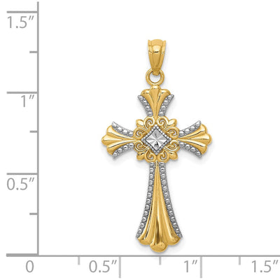 14K w/Rhodium Diamond-Cut Cross Pendant, 28 x 17mm