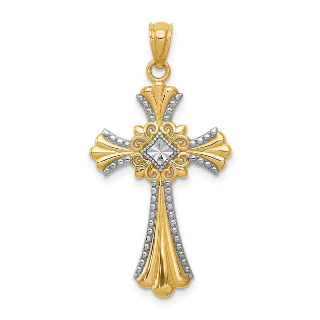 14K w/Rhodium Diamond-Cut Cross Pendant, 28 x 17mm
