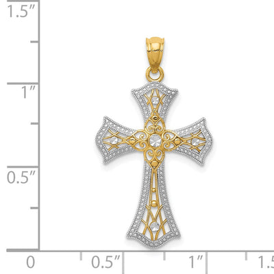 14K w/Rhodium Diamond-Cut Cross Pendant, 28 x 18mm