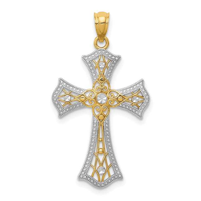 14K w/Rhodium Diamond-Cut Cross Pendant, 28 x 18mm