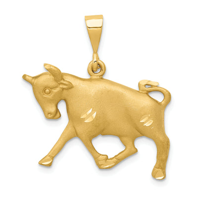 14K Satin Diamond-cut Taurus Zodiac Charm, 30 x 25mm