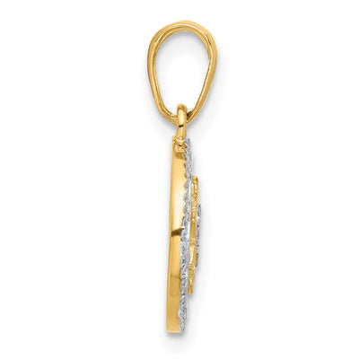 14K and White Rhodium Polished Floral Design Circle Pendant