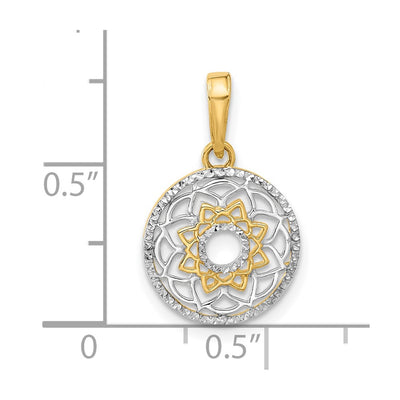 14K and White Rhodium Polished Floral Design Circle Pendant