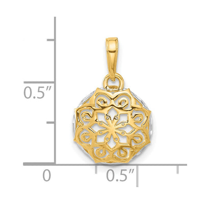 14K and White Rhodium Floral Design Circle Pendant