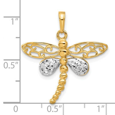14K and White Rhodium Polished and D/C Dragonfly Pendant