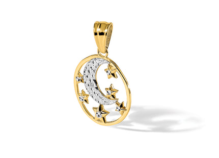 14K and White Rhodium D/C Moon and Stars Pendant