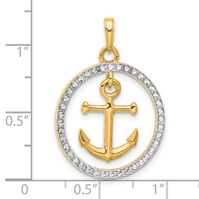 14K and White Rhodium D/C Anchor Dangle in Circle Pendant