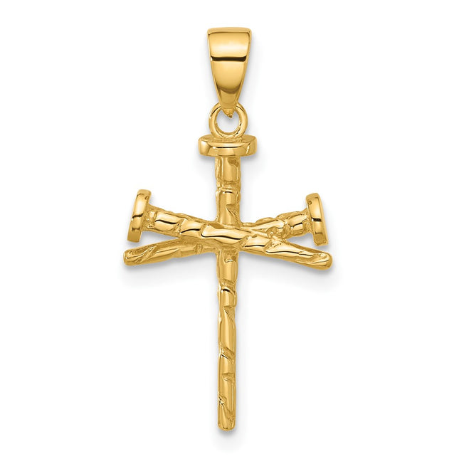 14K Polished and Textured Nails Cross Pendant, 26.5 x 13.4mm