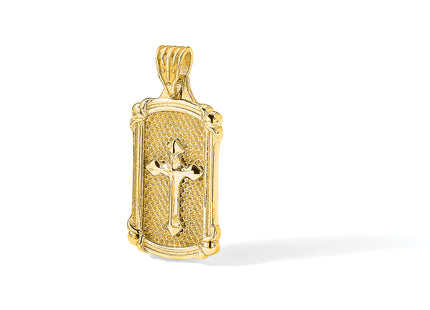 14K Polished and Textured Dog Tag Cross Pendant
