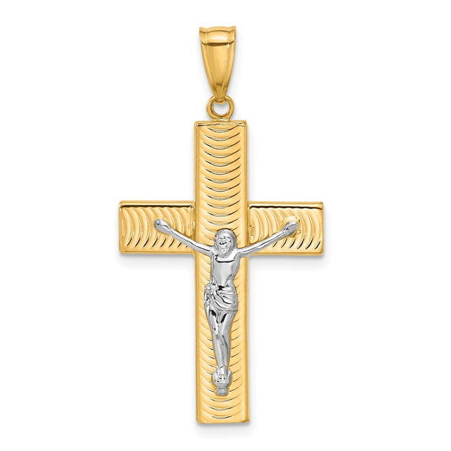 14K Two-tone Polished and Textured Crucifix Pendant, 36 x 19.6mm
