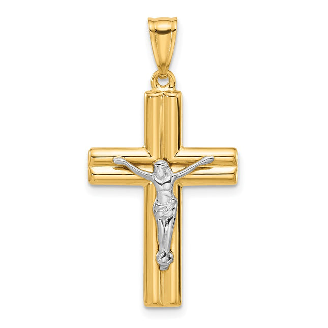 14K Two-tone Polished and Textured Crucifix Pendant, 34.6 x 18.3mm
