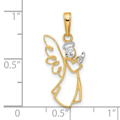 14K with White Rhodium D/C Angel Pendant, 25.6 x 12.3mm
