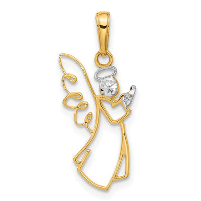 14K with White Rhodium D/C Angel Pendant, 25.6 x 12.3mm