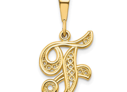 14K Yellow Gold Polished Script Filigree Initial Letter Pendant Necklace (Style C569F)