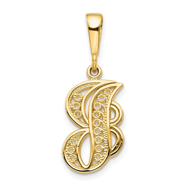 14K Yellow Gold Polished Script Filigree Initial Letter Pendant Necklace