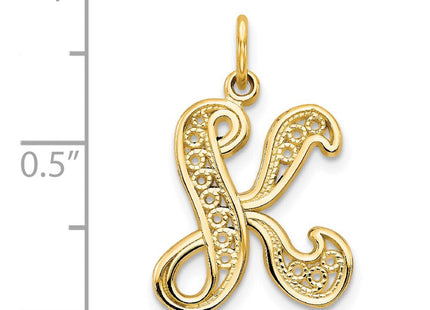 14K Yellow Gold Polished Script Filigree Initial Letter Pendant Necklace (Style C569K)