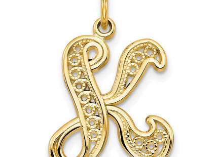14K Yellow Gold Polished Script Filigree Initial Letter Pendant Necklace (Style C569K)