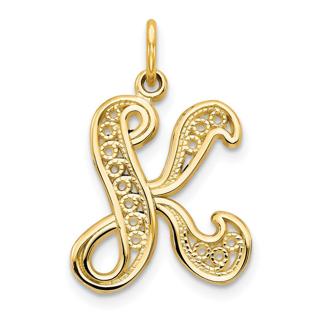 14K Yellow Gold Polished Script Filigree Initial Letter Pendant Necklace