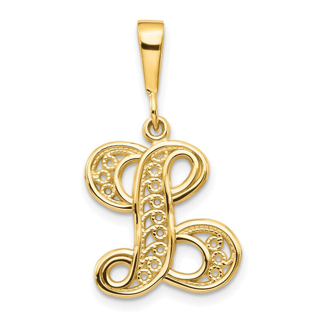 14K Yellow Gold Polished Script Filigree Initial Letter Pendant Necklace