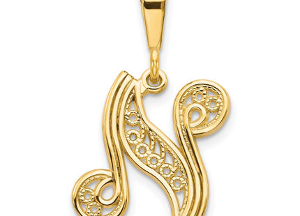 14K Yellow Gold Polished Script Filigree Initial Letter Pendant Necklace (Style C569N)