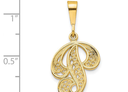 14K Yellow Gold Polished Script Filigree Initial Letter Pendant Necklace (Style C569P)
