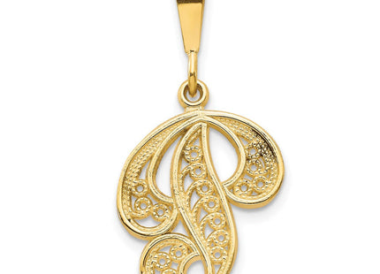14K Yellow Gold Polished Script Filigree Initial Letter Pendant Necklace (Style C569P)