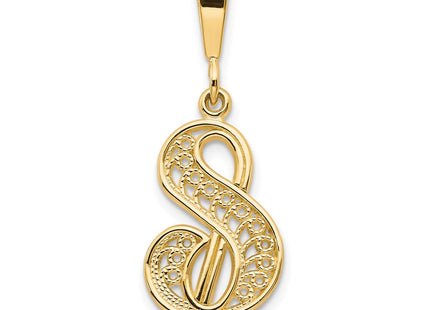 14K Yellow Gold Polished Script Filigree Initial Letter Pendant Necklace