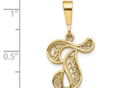 14K Yellow Gold Polished Script Filigree Initial Letter Pendant Necklace (Style C569T)