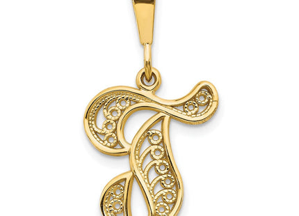 14K Yellow Gold Polished Script Filigree Initial Letter Pendant Necklace (Style C569T)