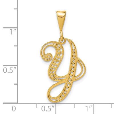14K Yellow Gold Polished Script Filigree Initial Letter Pendant Necklace