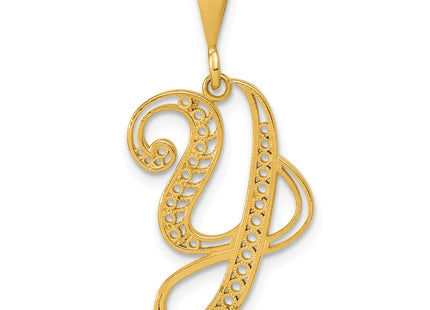 14K Yellow Gold Polished Script Filigree Initial Letter Pendant Necklace
