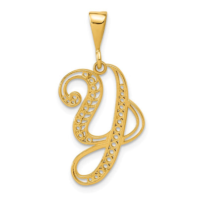 14K Yellow Gold Polished Script Filigree Initial Letter Pendant Necklace