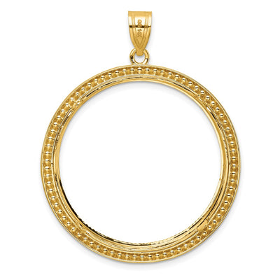 Wideband Distinguished Coin Jewelry 14K Polished Beaded and Diamond-cut Prong Coin Bezel Pendant, 48.25 x 38.55mm